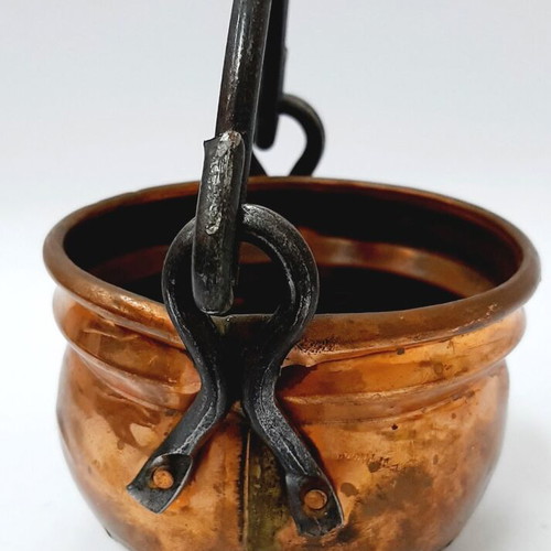 French copper cauldron hand hammered with forged iron handle, like new