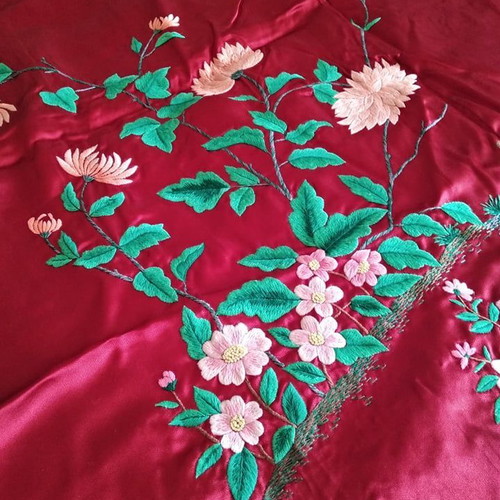 Bed cover used in red with multicolor embroidery and pillowcases