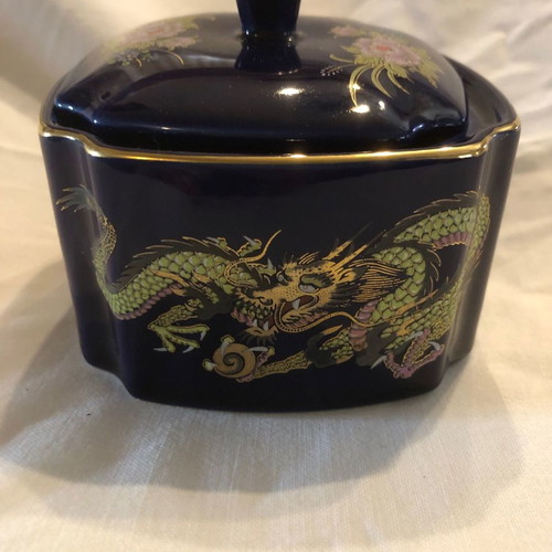Tajimi Pottery set handmade bowl and lidded container with figurine