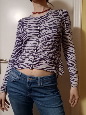 Zebra knit cardigan with cashmere and silk used, purple and turquoise