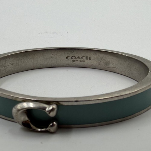 Coach New York Enamel Signature C Hinge Bangle used, turquoise and silver