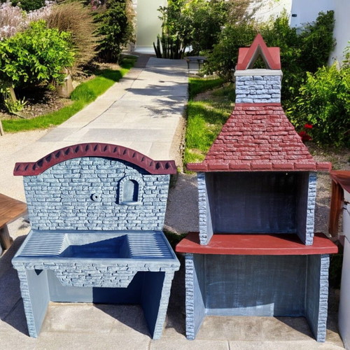 Lidia Concrete Summer Kitchen Set with Barbecue and Sink in Gray and White