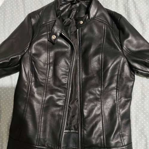 Short fitted black biker-style faux leather jacket like new