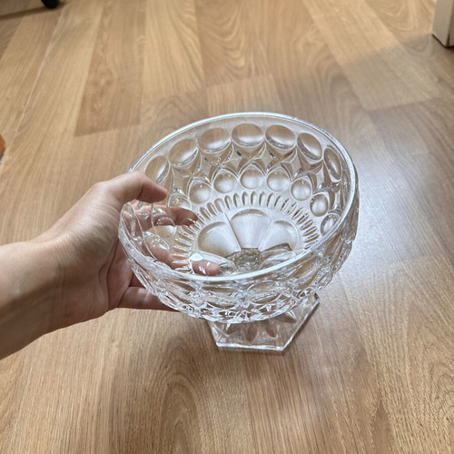 Vintage glass bowl with foot, embossed geometric pattern