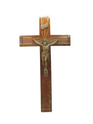 Vintage wooden crucifix with bronze Jesus Christ, used