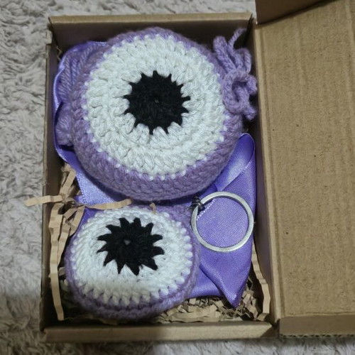 Handmade Crochet Evil Eye Set Purple with Keychain and Charm