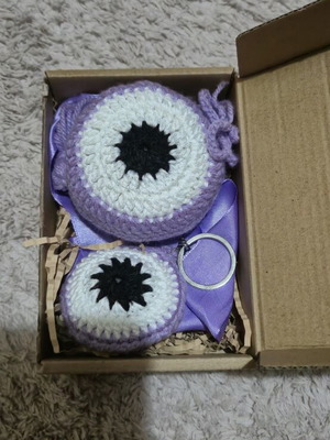 Handmade Crochet Evil Eye Set Purple with Keychain and Charm