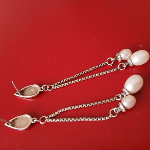 Earrings with marcasite and natural pearls in 925 silver, like new, 6 cm