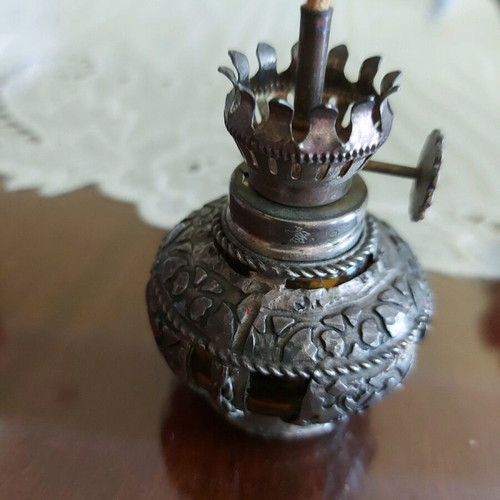 Oil lamp used, miniature with yellow glass and metal fittings