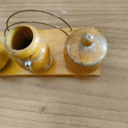 Wooden Pelion salt and pepper set with toothpick and napkin holder used
