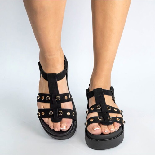 Flatform sandals with side cutouts and studs new, black