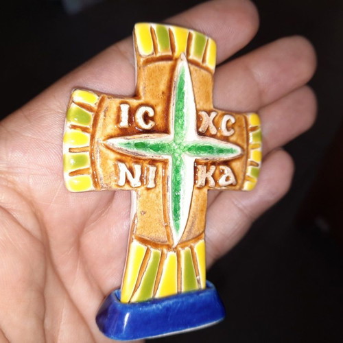 Ceramic tabletop cross new with base