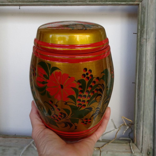Khokhloma jars used, set of 7, wooden, handmade, USSR vintage