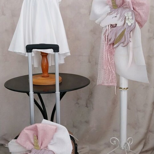 Baptism set unicorn theme white satin dress open back