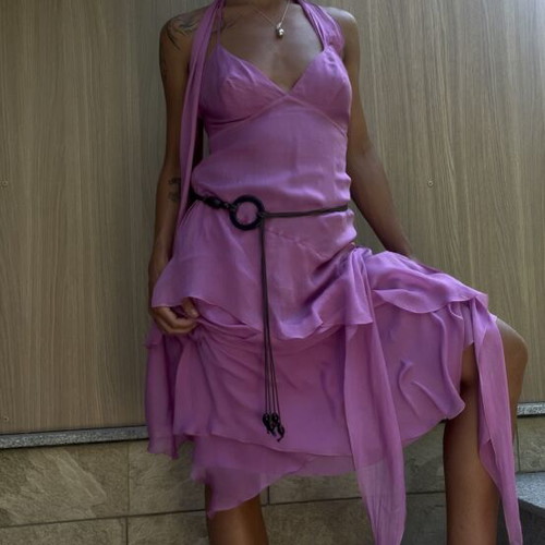 Roberto Verino Y2K silk asymmetric tiered halter dress used, lilac pink