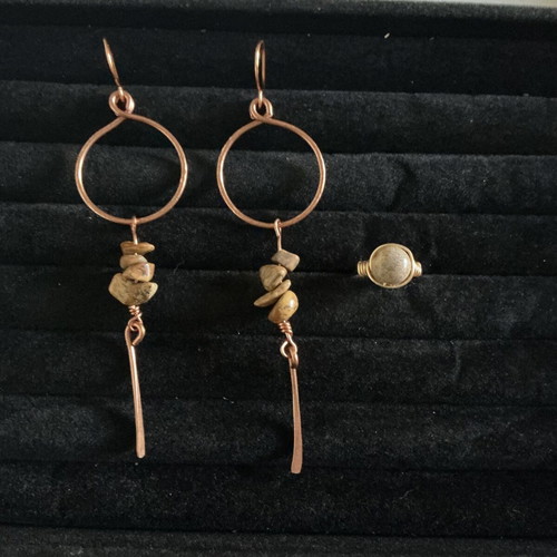 Handmade jasper earrings and adjustable brass ring set