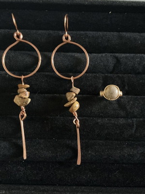 Handmade jasper earrings and adjustable brass ring set