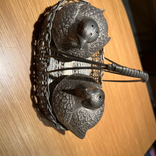 Vintage quail and partridge salt and pepper set with wire basket