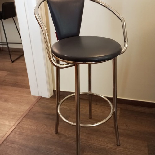 High stools with inox frame and dark blue leatherette, like new, set of 2