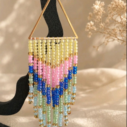 Handmade earrings with pastel tassels, gold triangle and steel hook