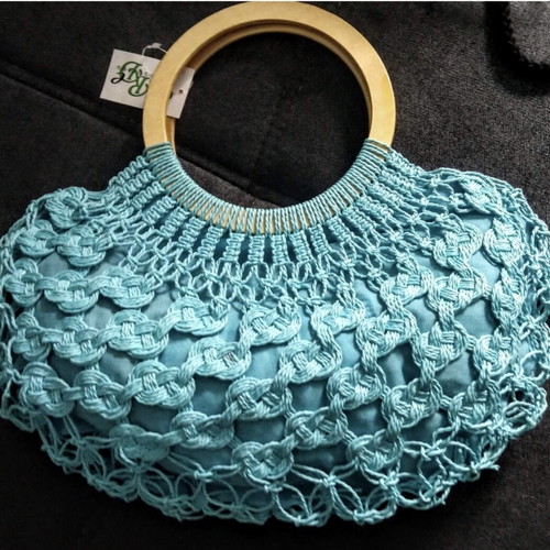 Handbag turquoise handmade cotton with lining