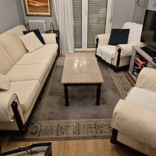 Living room furniture set used, beige-black color, includes sofa and tables