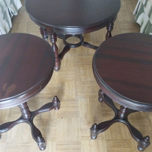 Vintage set of 3 wooden coffee tables with retro covers and embroidery used