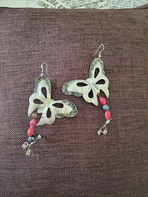 Handmade silver butterfly dangle earrings with red beads