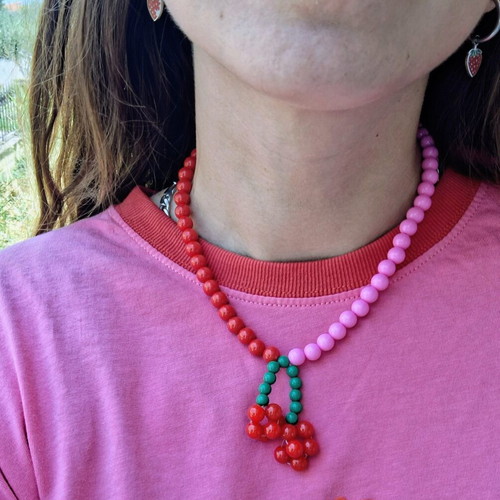 Cherry necklace with pink and red beads, stainless steel clasp made to order