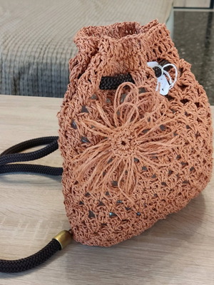 Knitted straw backpack pouch orange handmade new