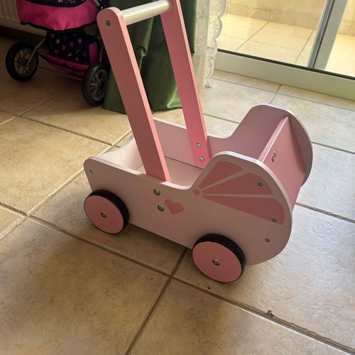 Wooden Doll Pram and Baby Walker used, pink