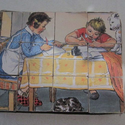 Vintage wooden cube puzzle used, 6 images by Marie Fischerova-Kvechova