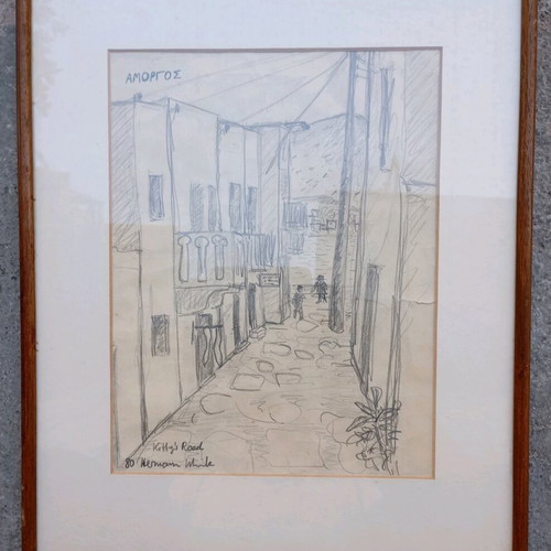 Amorgos pencil drawing used, alley theme