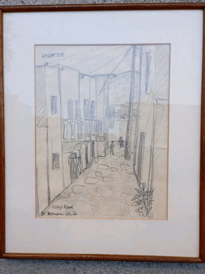 Amorgos pencil drawing used, alley theme
