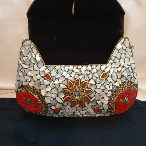 Handmade metal mosaic clutch with mother of pearl and gold chain, like new