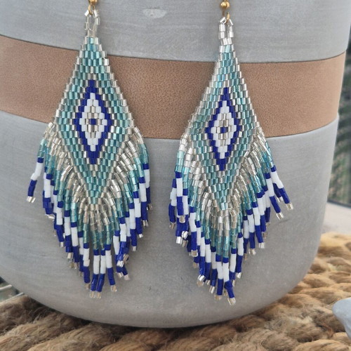 Miyuki earrings with eye motif new, blue and white beads