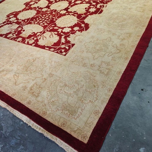 Persian Rug classic style with deep burgundy and beige floral motifs like new