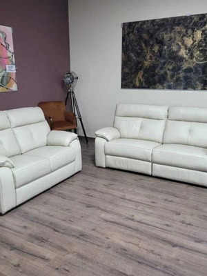Italian cream leather sofa set Lugano new, three-seater and two-seater with relax mechanism