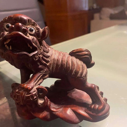 Chinese Foo Dog statue used, 19th century with detailed carvings