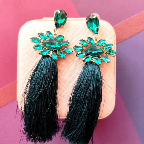 Zara earrings with tassel and stones green and gold like new