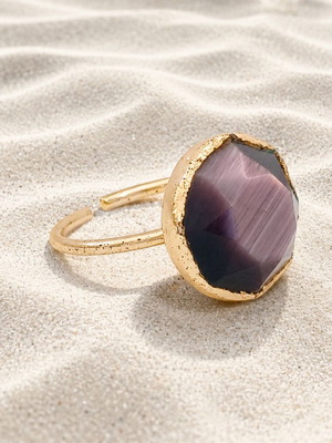 Handmade open ring with gold-plated brass and cat's eye stone, new