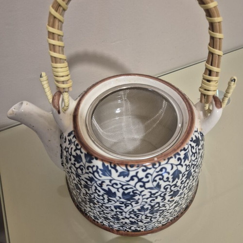 Ceramic teapot rare vintage style with woven bamboo handle