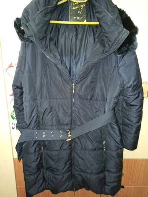 Mat long jacket size large blue like new with fur hood and belt