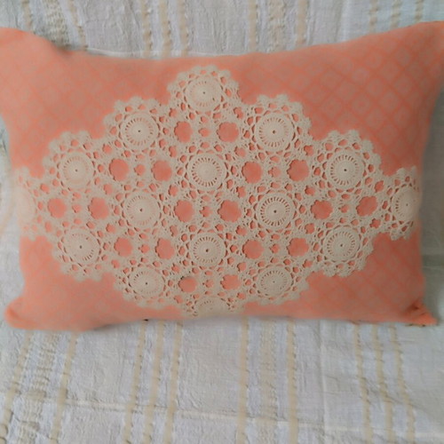 Woven pillow with handmade knitted details like new, cotton