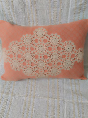 Woven pillow with handmade knitted details like new, cotton