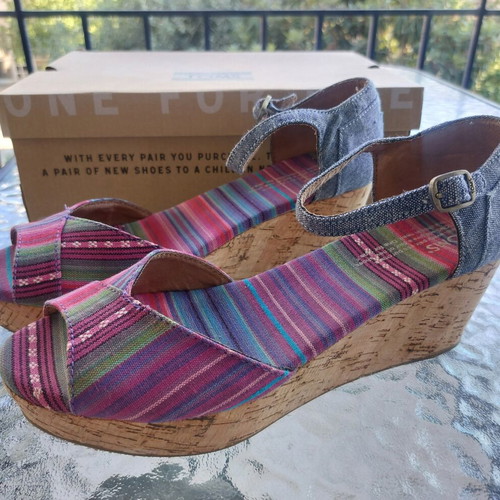 Toms platform sandals with cork and multicolor denim, like new