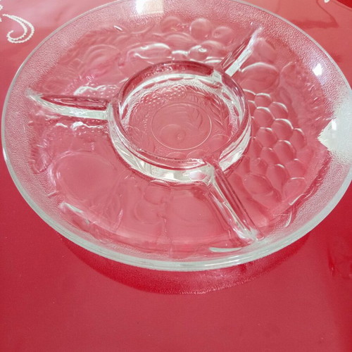 Glass serving platter with 3 compartments used, embossed design