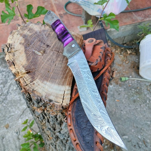 Handmade kukri style hunting knife Damascus steel with leather sheath