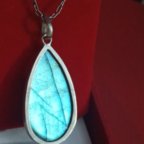 925 Silver Labradorite Necklace used, teardrop pendant 4.5x2cm, 48cm chain