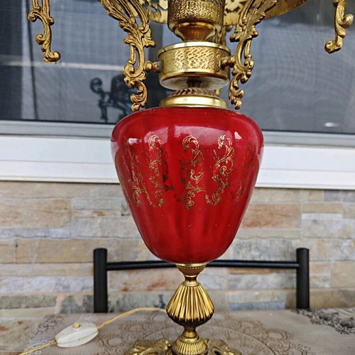 Vintage electric lamp used, gilded metal and porcelain